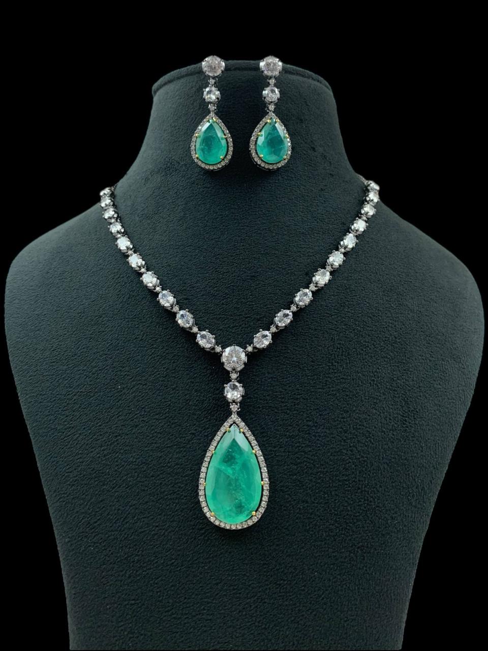 Emerald & CZ Stones Elegance Drop Necklace Set