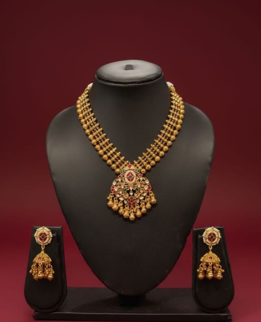 Heritage Style - Red & Green Stones - Gold Plated Necklace Set