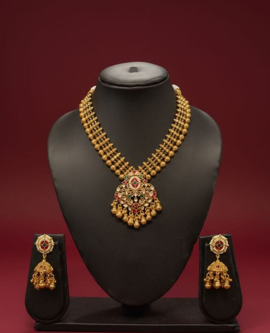 Heritage Style - Red & Green Stones - Gold Plated Necklace Set